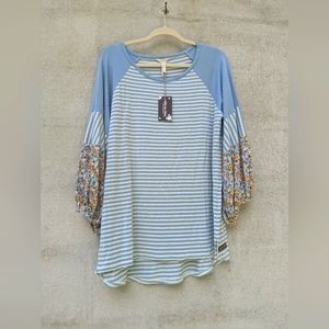 MATILDA JANE striped and floral gathererd sleeve top NET size L